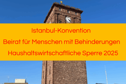 Im Hintergrund Rathausturm. Vorne Banner mit Schlagworten: Istanbul-Konvention, Beirat für Menschen mit Behinderung, Haushaltswirtschaftliche Sperre 2025.