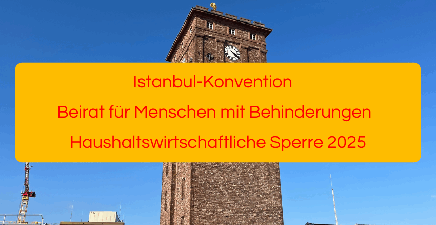 Im Hintergrund Rathausturm. Vorne Banner mit Schlagworten: Istanbul-Konvention, Beirat für Menschen mit Behinderung, Haushaltswirtschaftliche Sperre 2025.