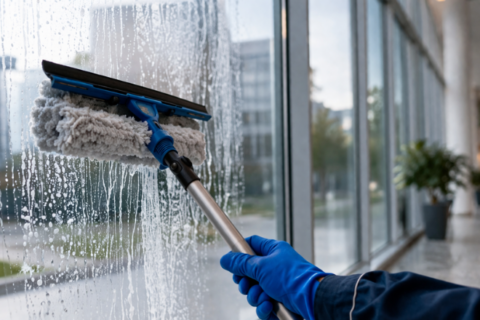 Nahaufnahme Fensterputz. Hand in blauem Handschuh putzt mit einem Fensterabzieher das Fenster eines großen Gebäudes.