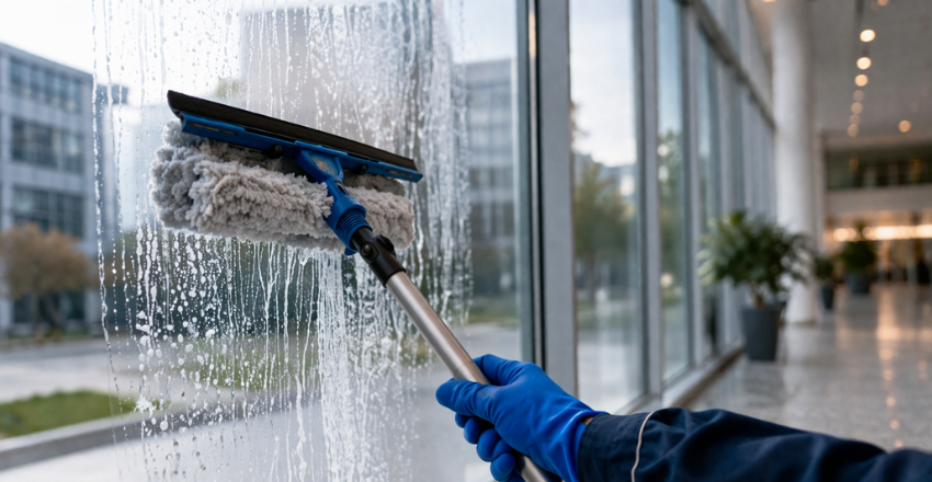 Nahaufnahme Fensterputz. Hand in blauem Handschuh putzt mit einem Fensterabzieher das Fenster eines großen Gebäudes.