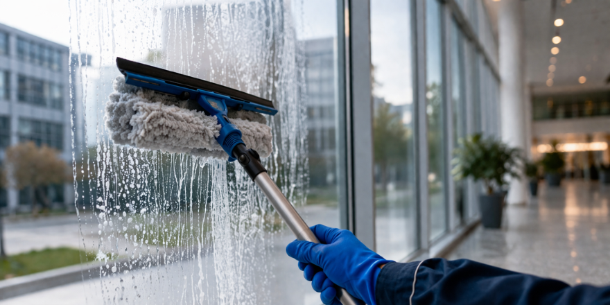 Nahaufnahme Fensterputz. Hand in blauem Handschuh putzt mit einem Fensterabzieher das Fenster eines großen Gebäudes.