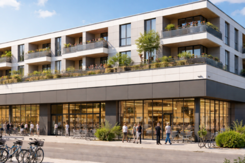 Eingeschossiger Supermarkt mit Aufstockung von Wohnungen