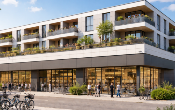 Eingeschossiger Supermarkt mit Aufstockung von Wohnungen