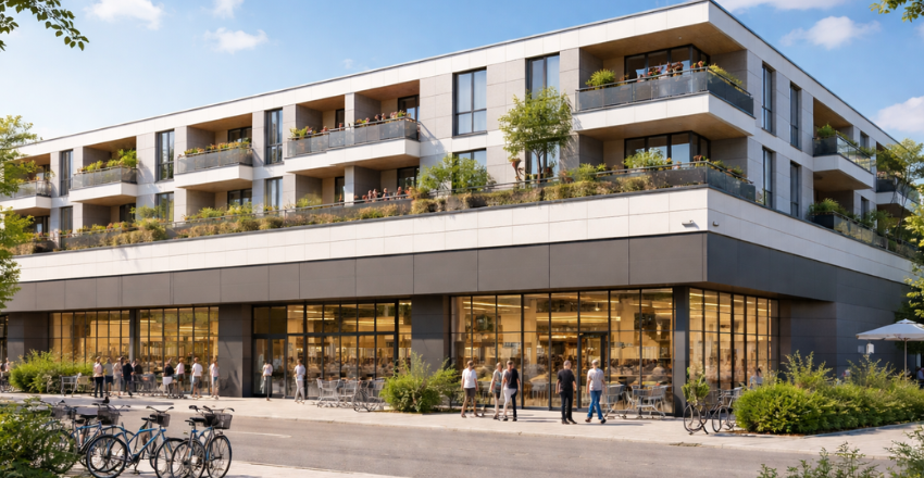 Eingeschossiger Supermarkt mit Aufstockung von Wohnungen