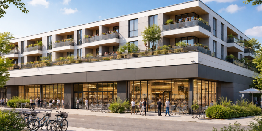 Eingeschossiger Supermarkt mit Aufstockung von Wohnungen